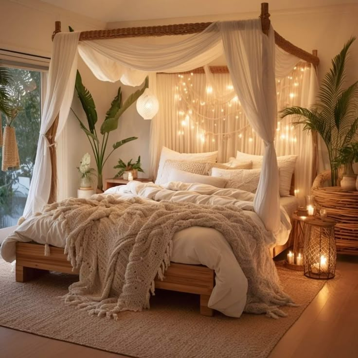 a bed with white sheets and lights on the headboard