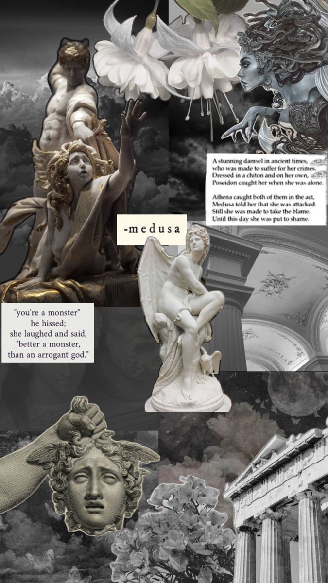 the collage shows different types of statues and architecture in black and white, as well as text