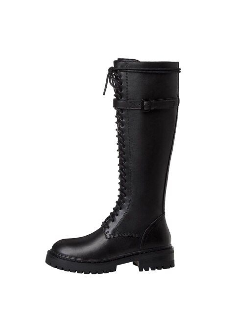 • Boot Type: Riding, Equestrian• Upper Material: Genuine Leather• Lining material: Short Plush• Shaft Material: Synthetic• Toe shape: Round Toe• Winter season• Outsole Material: Rubber• Heel Height: Med (3cm-5cm)• Closure Type: Lace-up• Fit: Fits true to size, take your normal size• Import Product Winter Riding Knee-high Boots With Round Toe, Fitted Moto Boots For Riding In Fall, Black Knee-high Riding Boots For Fall, Black Knee-high Boots With Round Toe For Riding, Black Knee-high Moto Riding Boots, Black Knee-high Moto Boots For Riding, Black Wide Calf Knee-high Boots For Riding, Fitted Moto Boots With Round Toe For Riding, Fitted Moto Boots For Riding With Round Toe