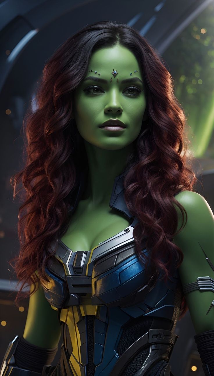 a woman with red hair and green skin is dressed up as the avengers movie character