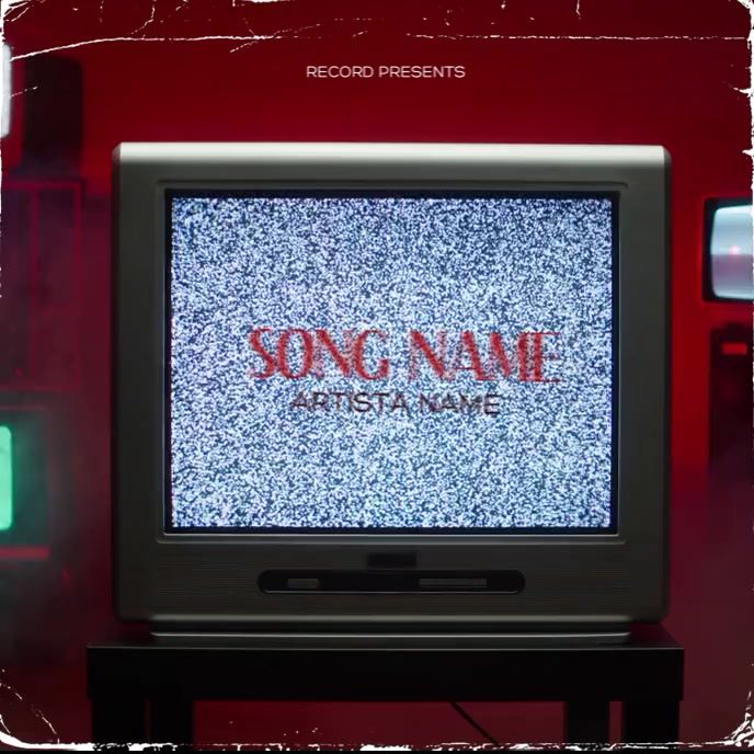 an old television with the words song name written on it in red and black colors