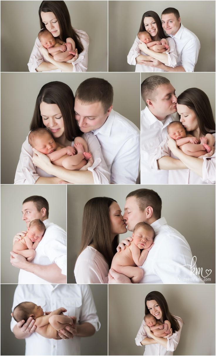 a collage of photos shows a man and woman holding their newborn son in his arms