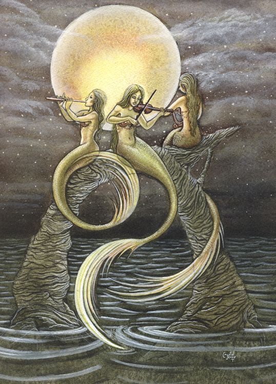 two mermaids are standing on the water with their tails curled up and holding swords