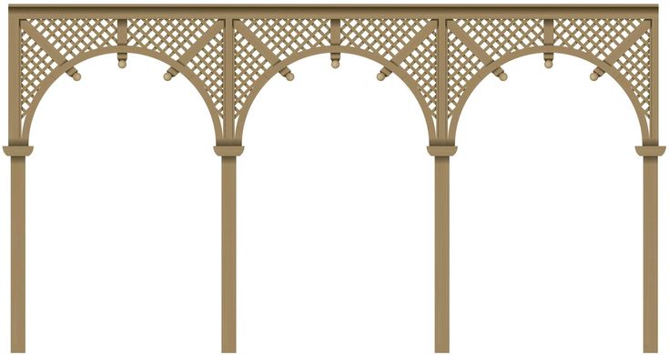 an outdoor wooden pergoline with lattices on the top and sides, viewed from below