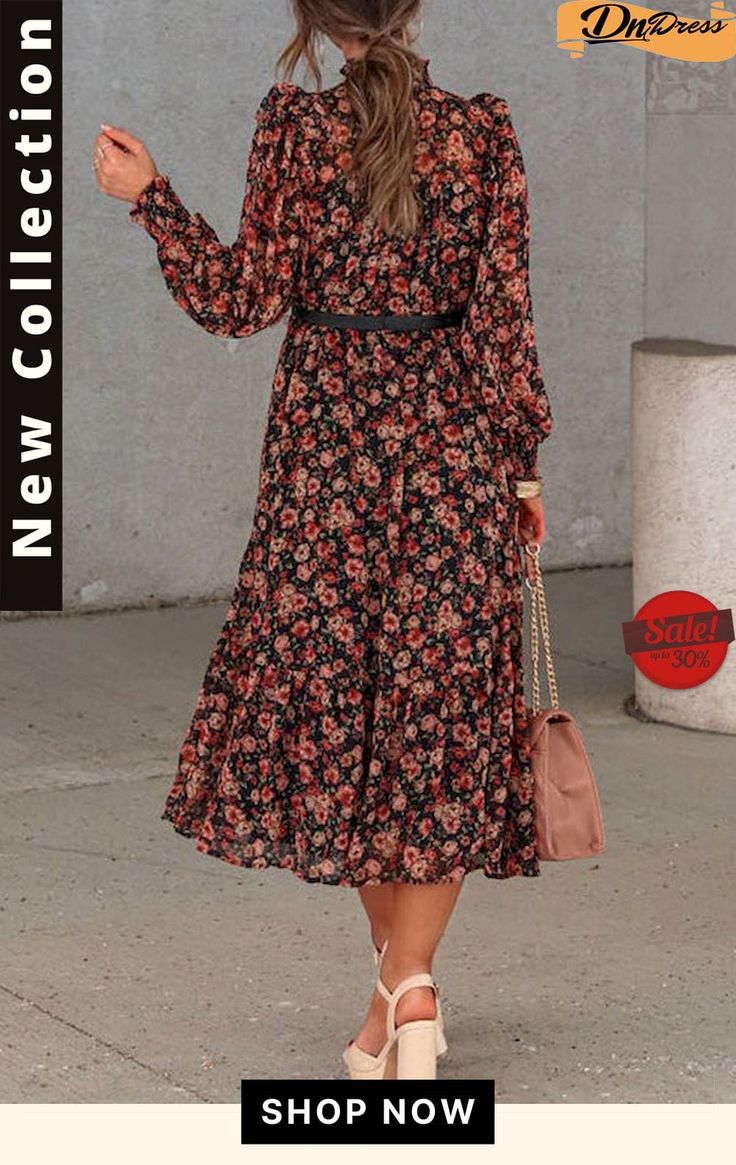 Floral Smocked Midi Dress Fall Knee-length Dress With Smocked Bodice, Flowy Smocked Dress With Floral Print For Fall, Chic Fall Maxi Dress With Smocked Back, Fall Floral Print Smocked Dress For Brunch, Flowy Long Sleeve Smock Midi Dress, Spring Dress With Smocked Bodice, Non-stretch, Spring Dresses With Smocked Bodice And Non-stretch Fit, Black Maxi Dress With Smocked Bodice For Fall, Fall Floral Smocked Dress For Brunch