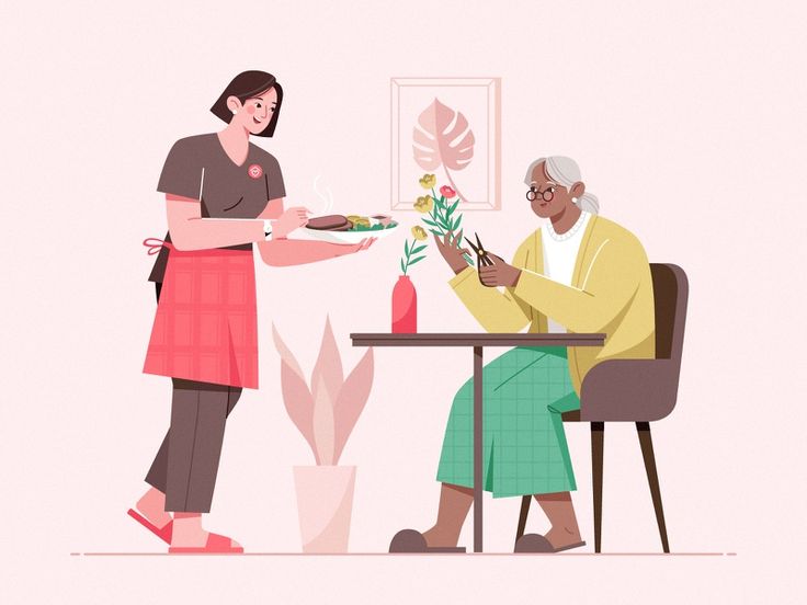 an elderly woman is serving food to another person at a table with a flower in her hand