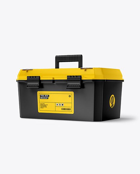 a yellow and black tool box on a white background