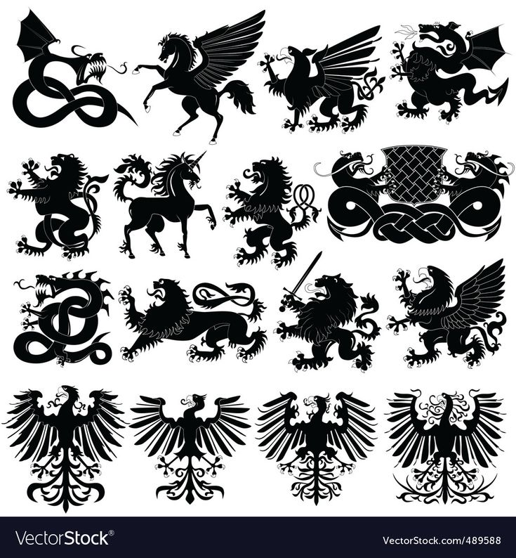 black and white silhouettes of symbols for the coat of arms, lions, dragon