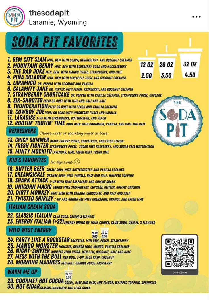 the menu for soda pit favorites