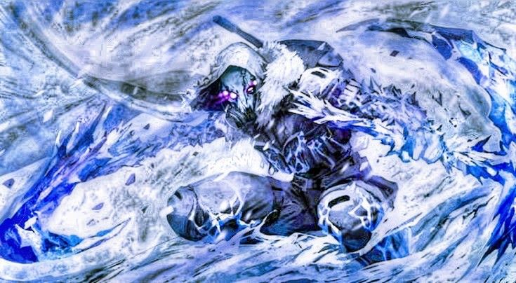 a snowboarder in the middle of an ice storm with blue and white swirls