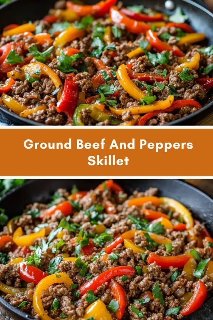 ground beef and peppers skillet is shown in two different pans with the same topping