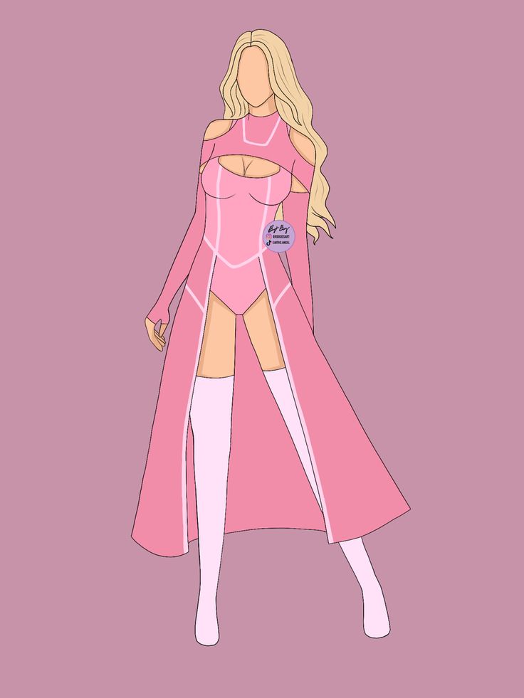 a drawing of a woman wearing a pink outfit and long coat with thigh high boots