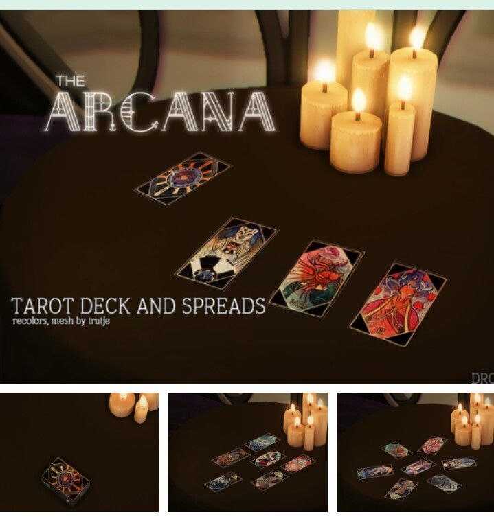 the arcana tarot deck and spreads are displayed on a table next to candles