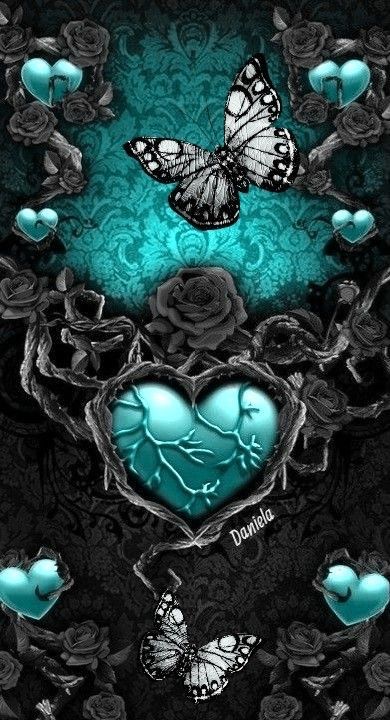 a blue heart surrounded by roses and butterflies on a black background with an ornate border