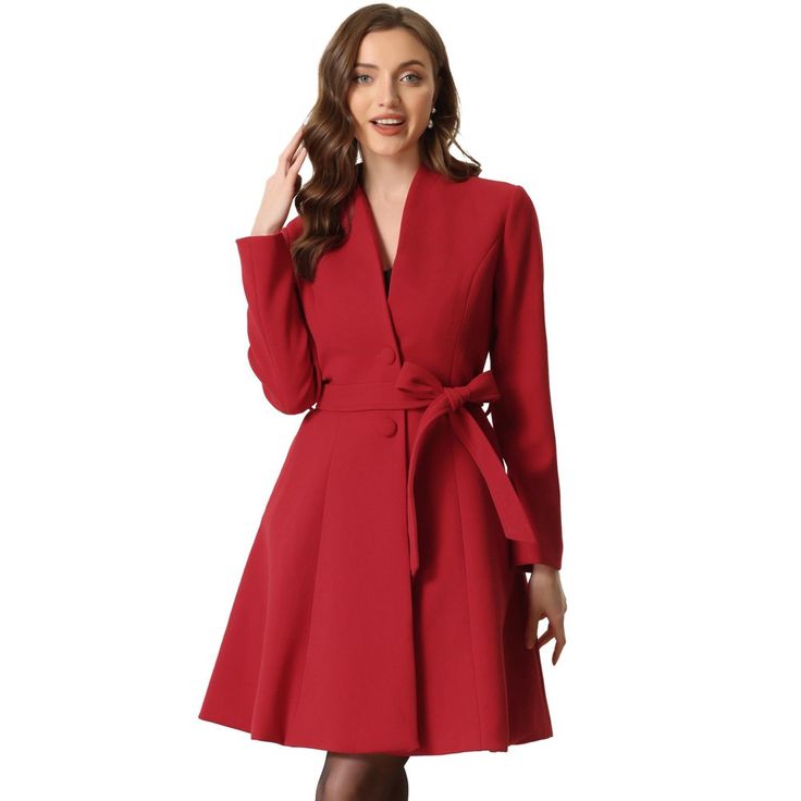 This elegant coat is made up of several design points: collarless, a-line, belted, single breasted, long sleeve, two side pockets, fully lined, knee length. Stand out from the crowd with this pleated hem coat in a sophisticated, modern design. Collarless design helps outline your perfect body curve, giving you an elegant trendy look. Style this swing coat with blouse, jeans, pants, dress, boot and high heels for a warm and vintage look. Vintage lapel collar and single-breasted reflect your glamo Elegant Red Wool Coat For Winter, Elegant A-line Wool Coat, Classic Red Wool Coat, Formal Red Wool Coat, Elegant Red Wool Coat, Stand Collar Coat, Dress Boot, Winter Outwear, Outwear Coat