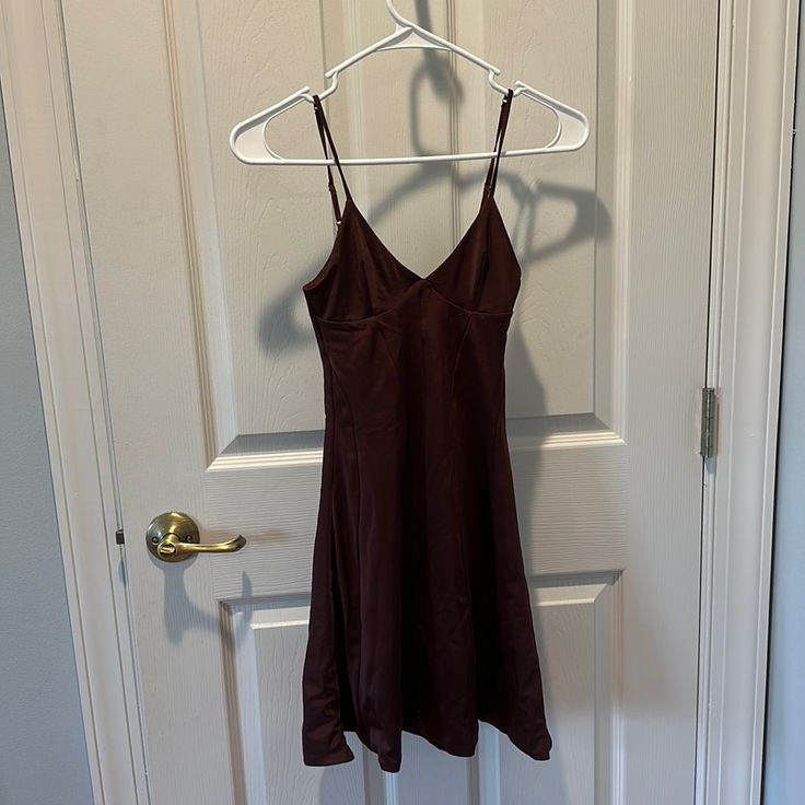 Maroon Ohpolly Dress In A Size Small! V-neck Satin Mini Dress Lined, Satin V-neck Mini Dress Lined, Fitted V-neck Slip Dress For Fall, Brown Satin Mini Dress For Summer, Brown Satin Mini Dress For Spring, Casual Satin Mini Dress With V-neck, Casual Satin V-neck Mini Dress, Mini Satin Dress For Day Out, Brown A-line Lined Dress