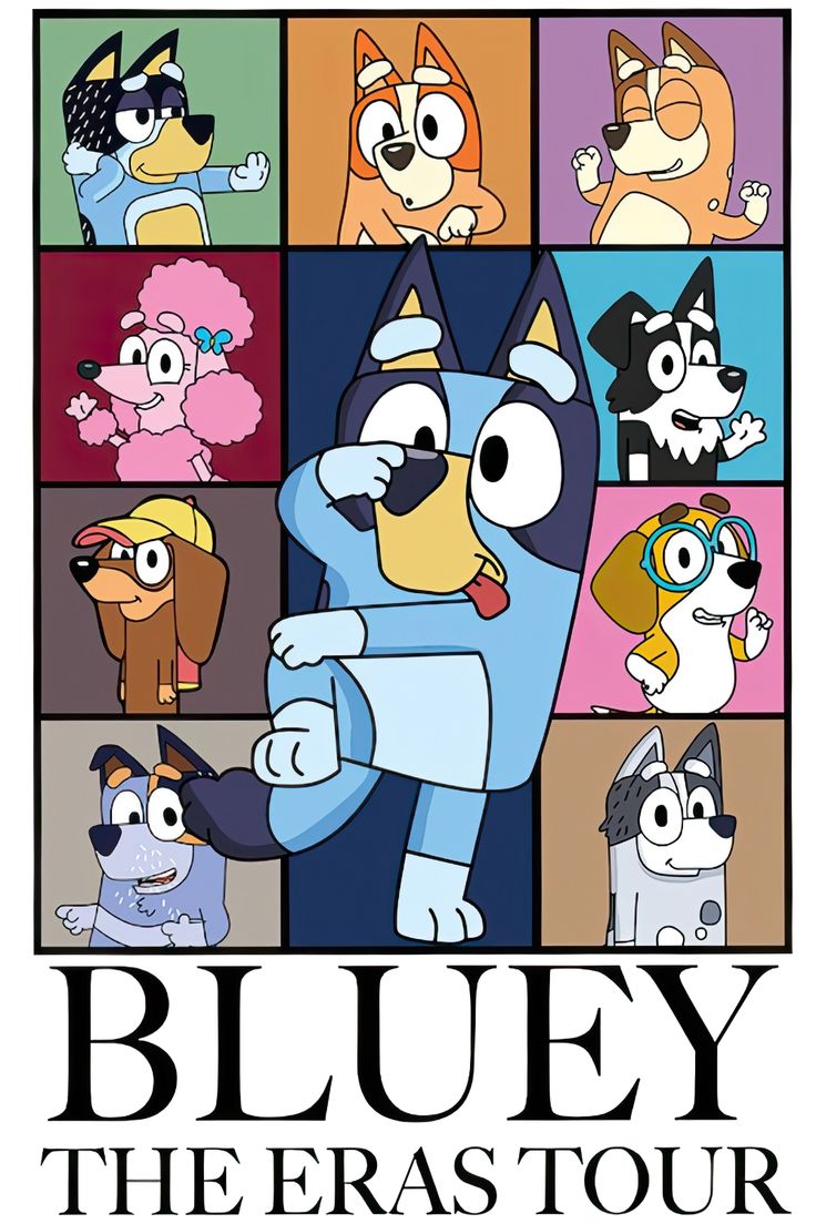 bluey the eras tour poster with many different cartoon characters and their names on it