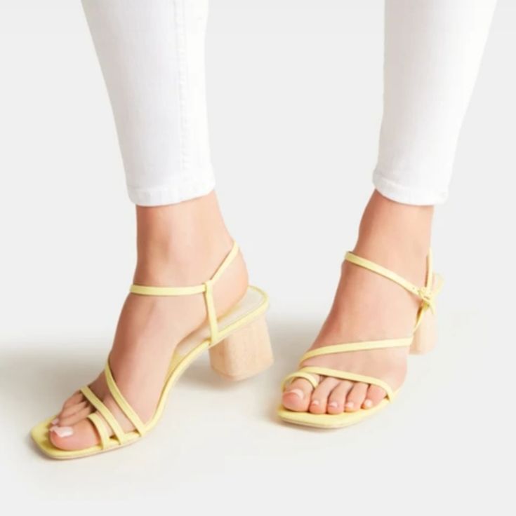 New With Tag Citron (Yellow) Strappy Square Toe Style Embossed Leather Adjustable Strap With Buckle Closure Chunky Wooden Heel Yellow Sandals With Stacked Heel For Summer, Yellow Stacked Heel Sandals For Summer, Yellow Heels With Heel Strap For Summer, Yellow High Heel Sandals For Summer, Yellow Sandals With Heel Strap And Low Heel, Yellow Sandals With Low Heel And Heel Strap, Yellow Open Toe Sandals With Heel Strap, Yellow Sandals With Heel And Ankle Strap, Yellow Wrapped Heel Sandals For Summer