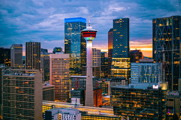 the city skyline is lit up at night, with skyscrapers in the foreground