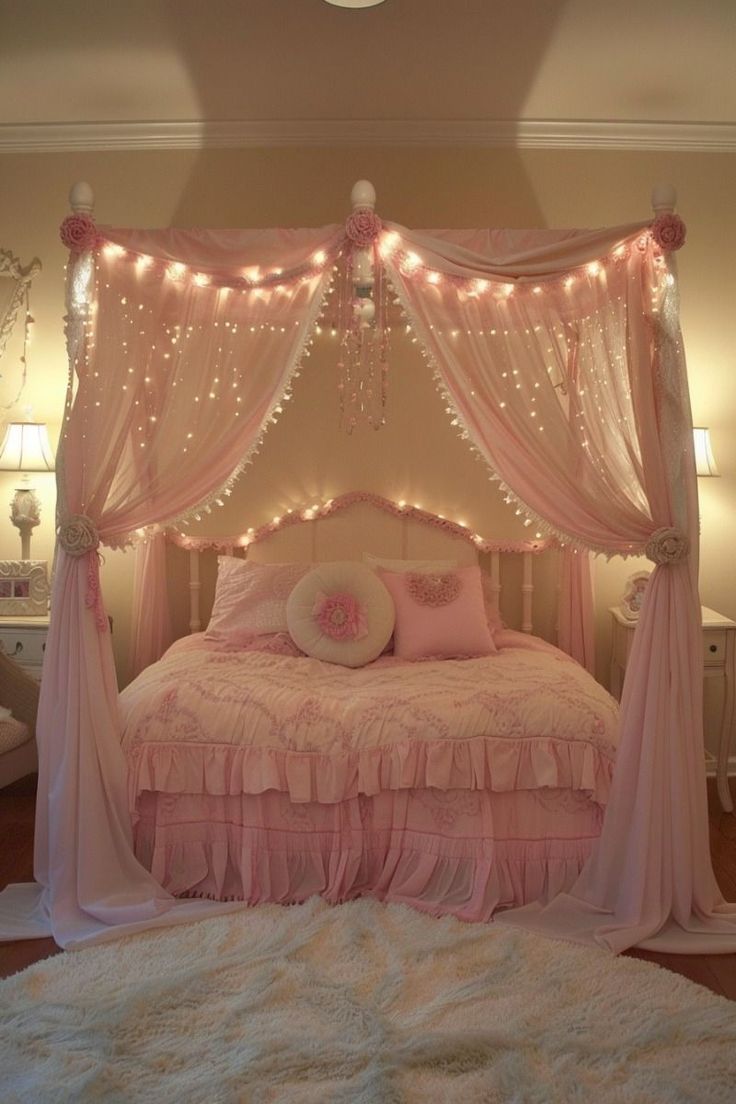 a bed with pink sheets and lights on the headboard is shown in this bedroom