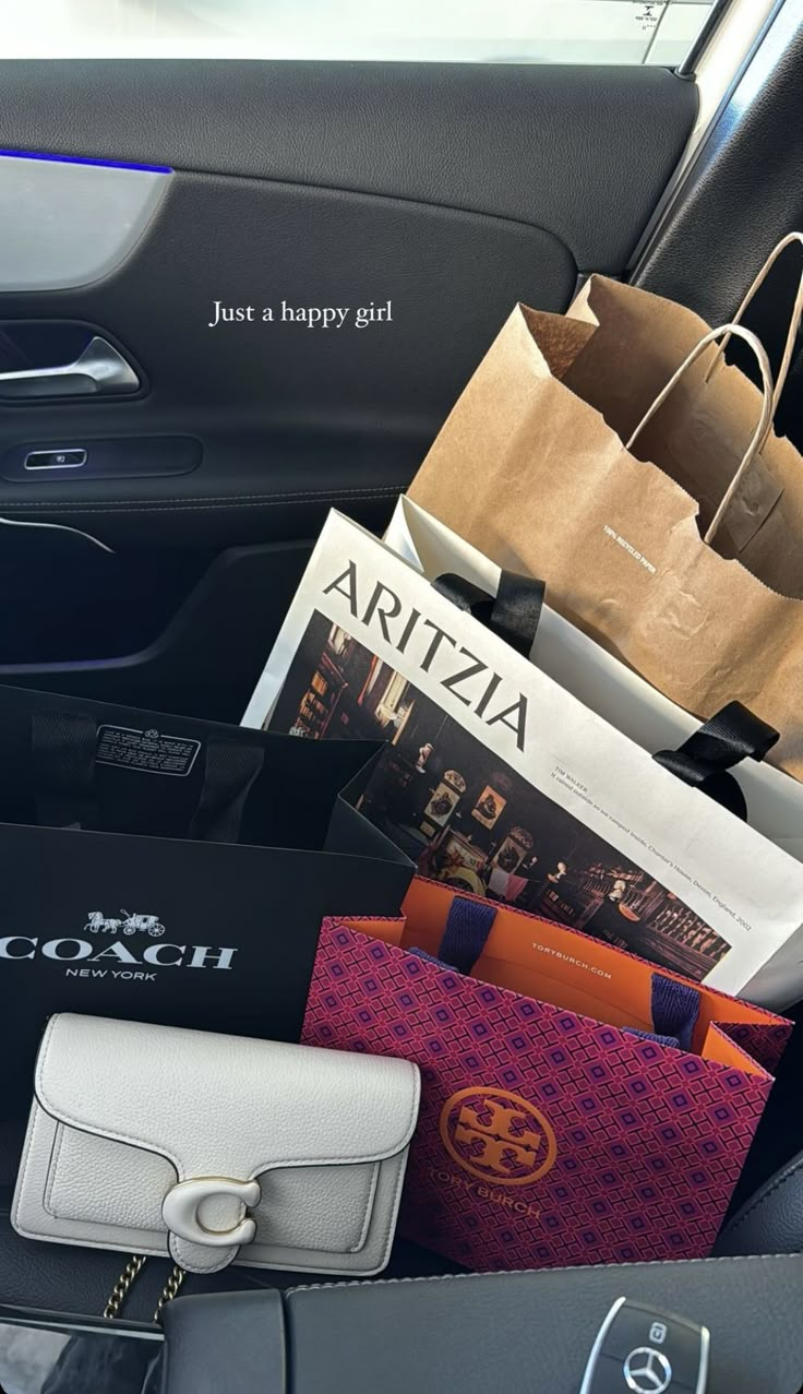 Expensive Shopping Bags Aesthetic, Shopping Bags In Car Aesthetic, Luxury Shopping Bags Aesthetic, Designer Shopping Aesthetic, Mall Shopping Bags Aesthetic, Shopping Spree Bags, Designer Bag Aesthetic, Airport Aesthetics, Tote Bag School