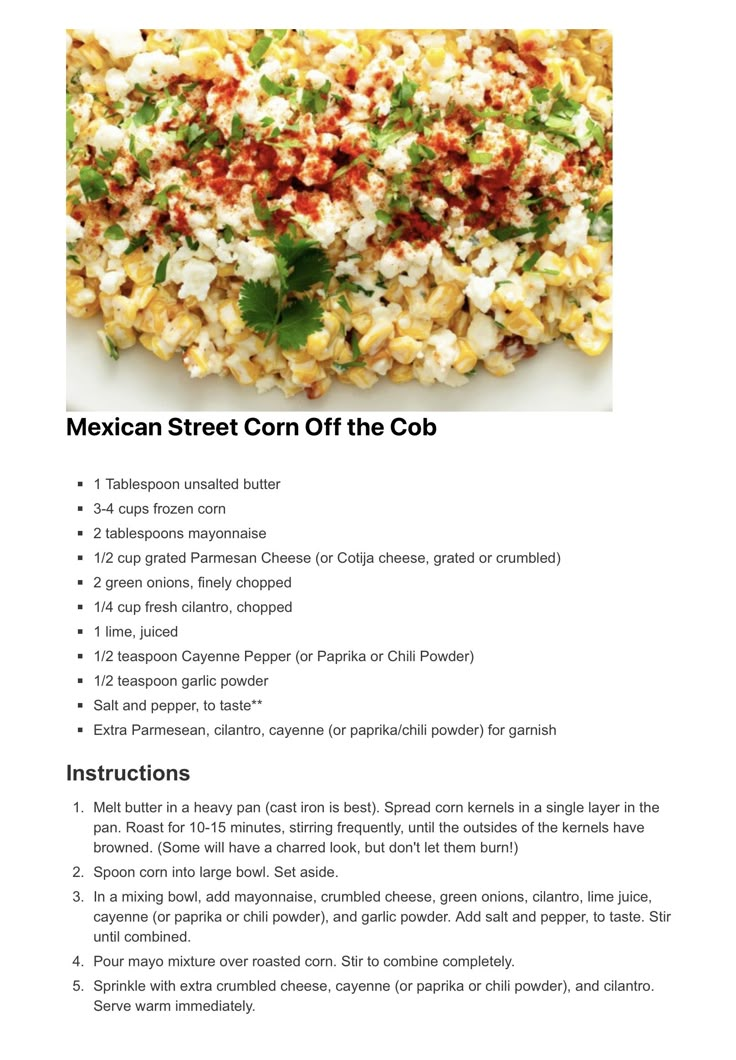 the mexican street corn off the cob recipe is shown in this brochure