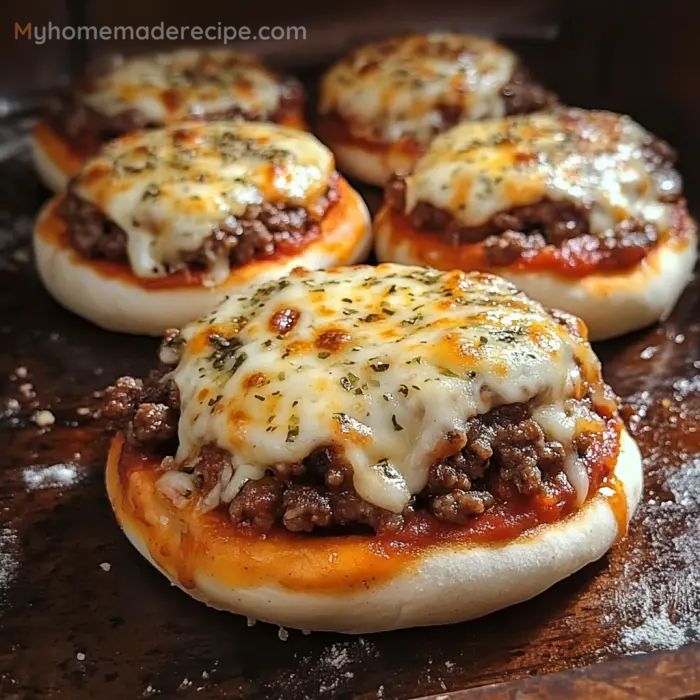 mini pizzas with cheese and meat on top are ready to be baked in the oven