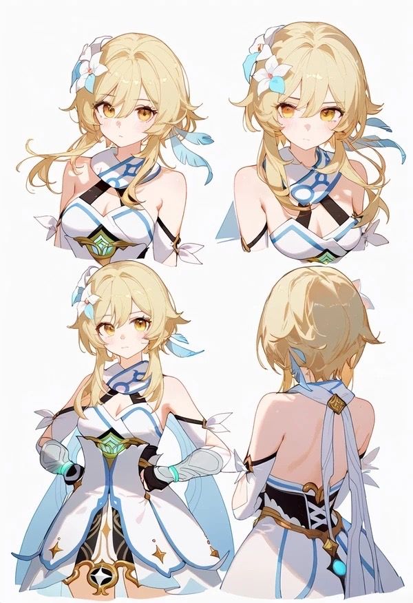 four different views of an anime character with long blonde hair and blue eyes, wearing white clothing