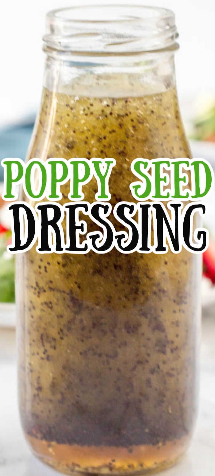 a jar filled with poppy seed dressing on top of a table