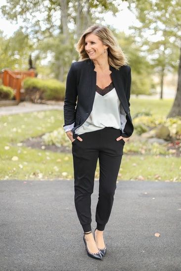 Work Wear // Office Wear // What to Wear to Work // How to Style Joggers for Work // Lace Cami with Joggers and Blazer // Cute Outfit for Work // Perfect Outfit for Work // Comfortable outfit for work // Fall Fashion // Work Outfit #shopthelook #workwear #workoutfit #joggers #lacecami #howtostylejoggersforwork Black Jogger Office Outfit, Black Jogger Pants Outfit Work, Black Joggers Business Casual, Black Joggers Outfit Dressy Work, Court Reporter Outfits, Professional Jogger Pants Outfit, Fall Fashion Work Outfits, Educator Outfits, Smart Woman