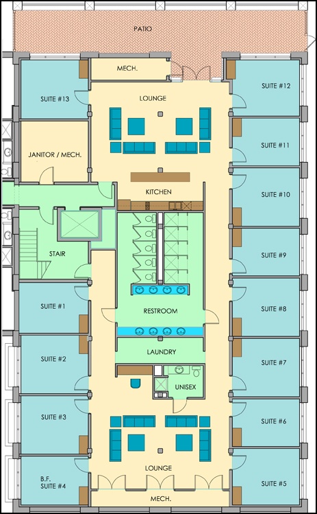 the floor plan for an office building with two floors and three levels, including a second level