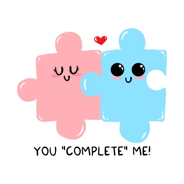 two blue and pink puzzle pieces with the words you complete me