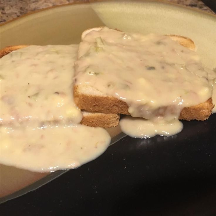 two pieces of bread covered in gravy on a plate