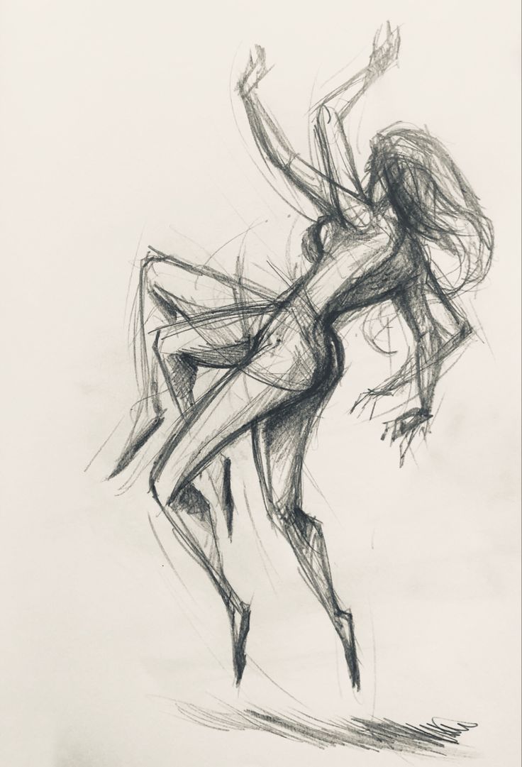 a black and white drawing of two women dancing