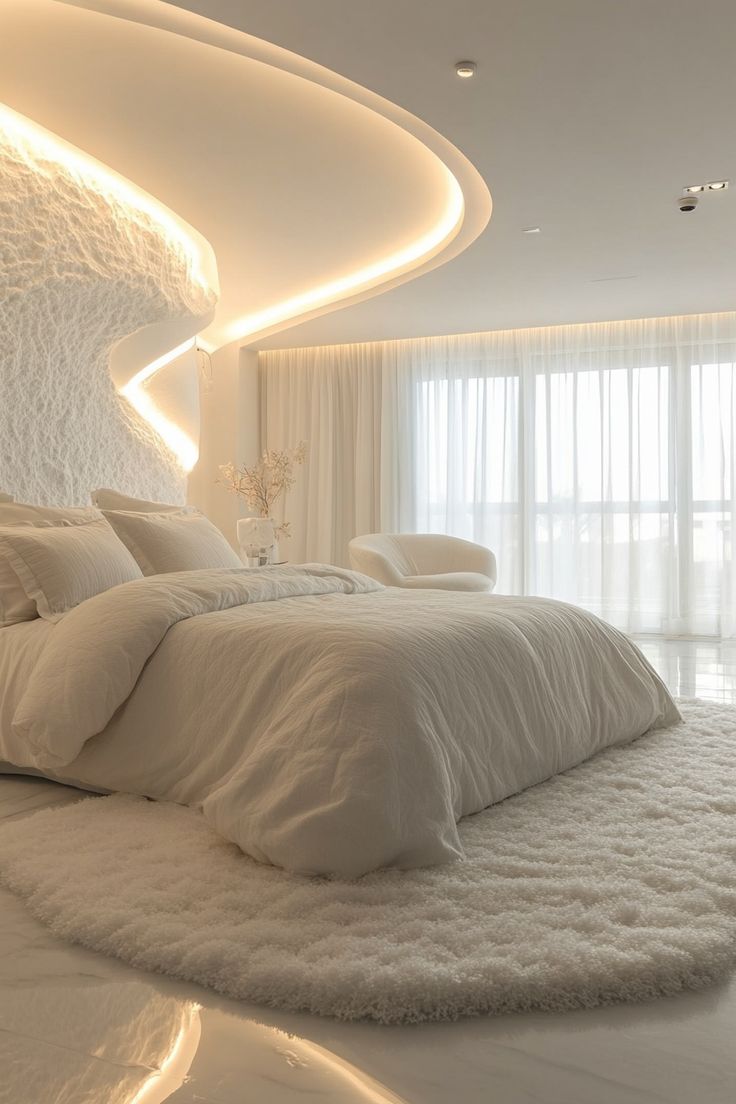 a large bed sitting in the middle of a bedroom next to a white couch and chair