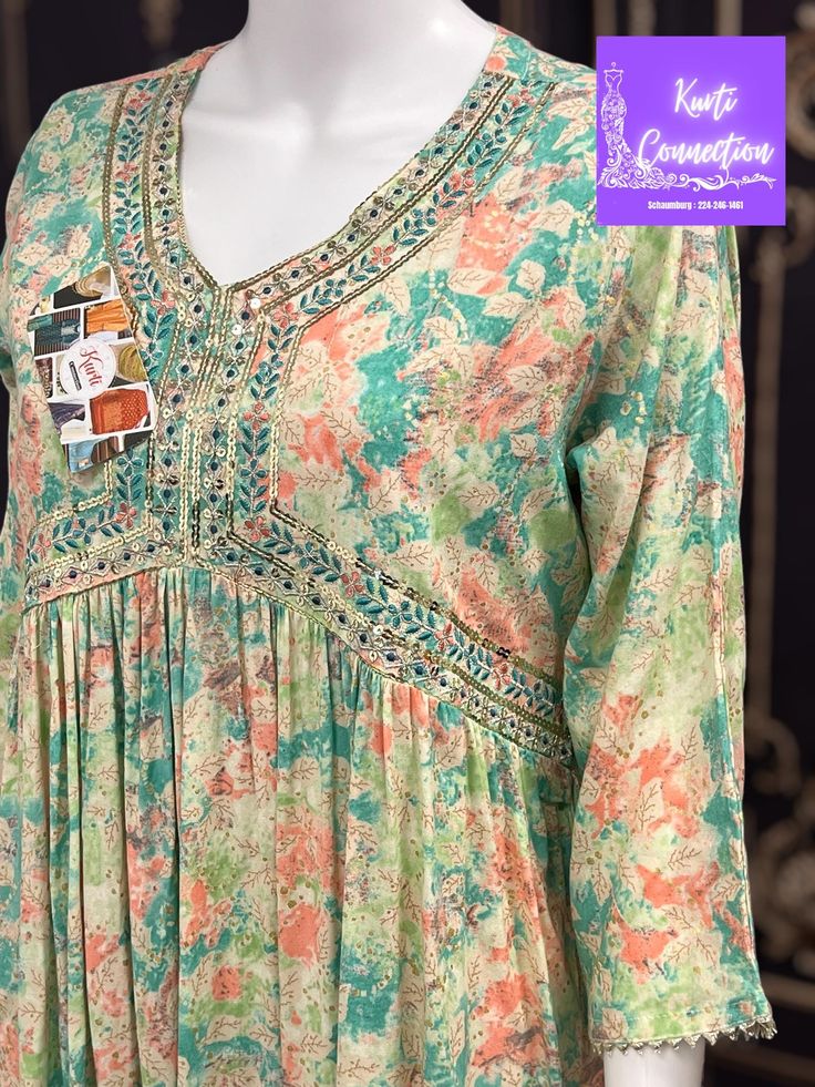 Aaliya cut long kurti Material: rayon made in India sizes are given by Bust measurement (inches) Designer Bohemian Kurta With Floral Print, Navratri Bohemian Kurta In Georgette, Summer Designer Kurta With Digital Print, Summer Designer Digital Print Kurta, Green Kaftan With Printed Motifs, Bohemian Kurta With Dupatta In Georgette, Bohemian Style Dabka Kurta For Designer Wear, Bohemian Georgette Kurta With Dupatta, Traditional Tunic Kurta With Digital Print