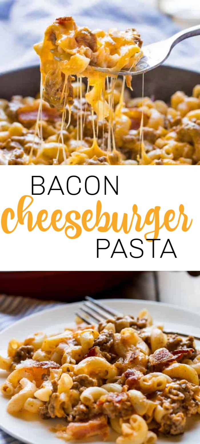 bacon cheeseburger pasta on a white plate with a fork in the casserole