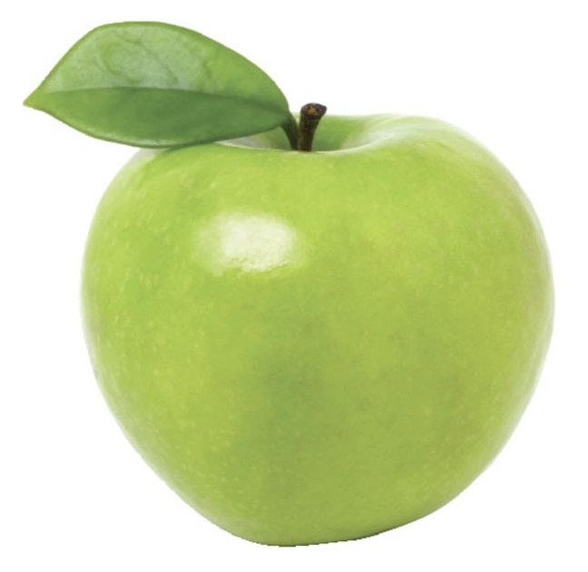 an apple with a green leaf on it