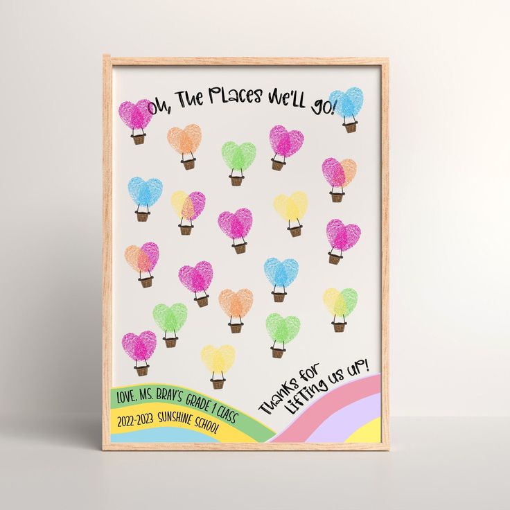 an art print with balloons in the shape of hearts on a white background that says, my the places we'll go