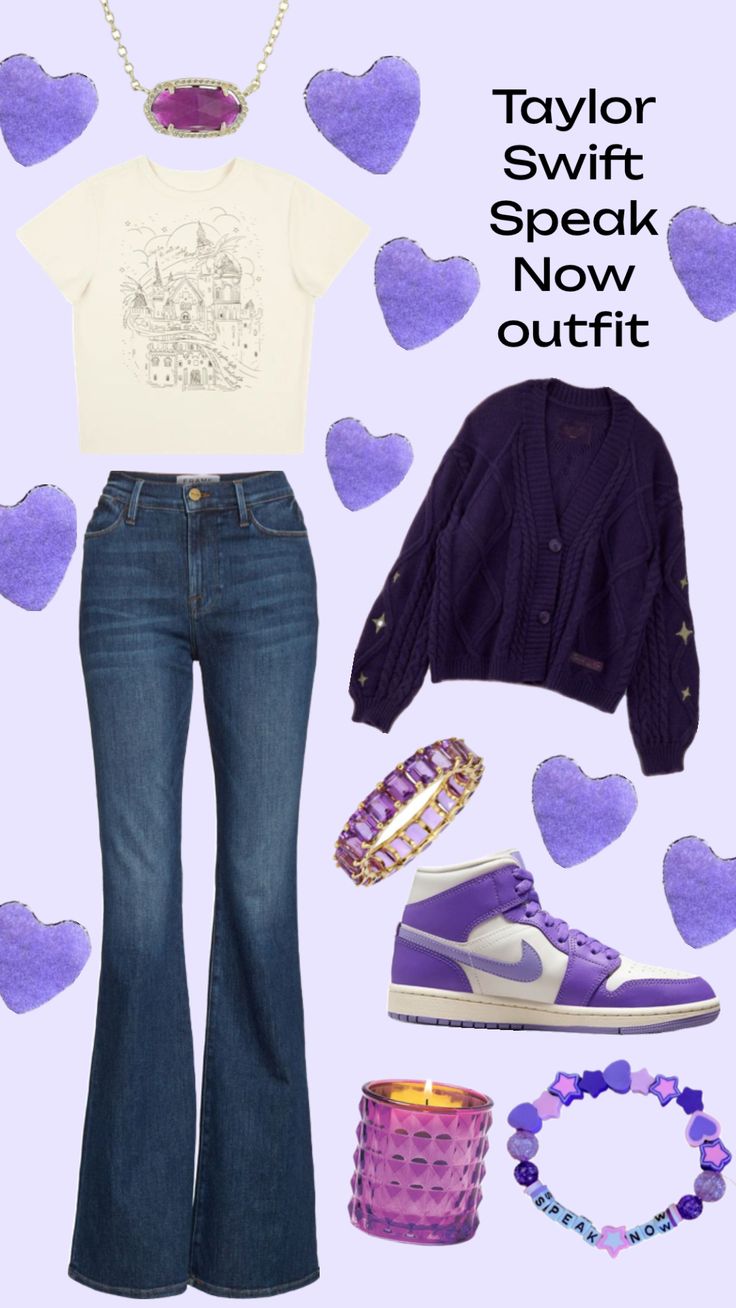 purple and white outfit with heart - shaped hair clips, sneakers, and bracelets