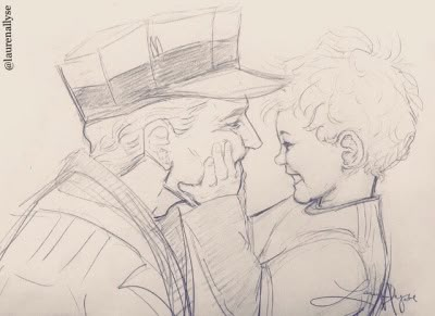 a pencil drawing of two people talking to each other with a hat on their head