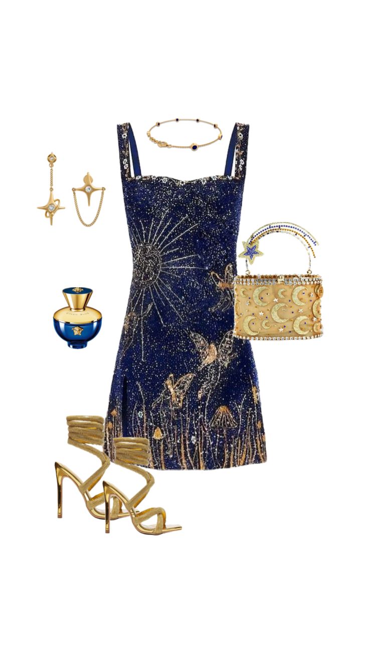 outfit inspo, elegant outfit inspiration, blue and gold outfit, golden jewels, star and gold fashion, fashion inspo, gold heels, glitter gold dress, stargirl aesthetic Glitter Gold Dress, Gold Heels Outfit, Outfit Inspo Elegant, Aesthetic Prom Dress, Coldplay Concert Outfit, Golden Outfit, Stargirl Aesthetic, Glitter Outfit, Heels Glitter