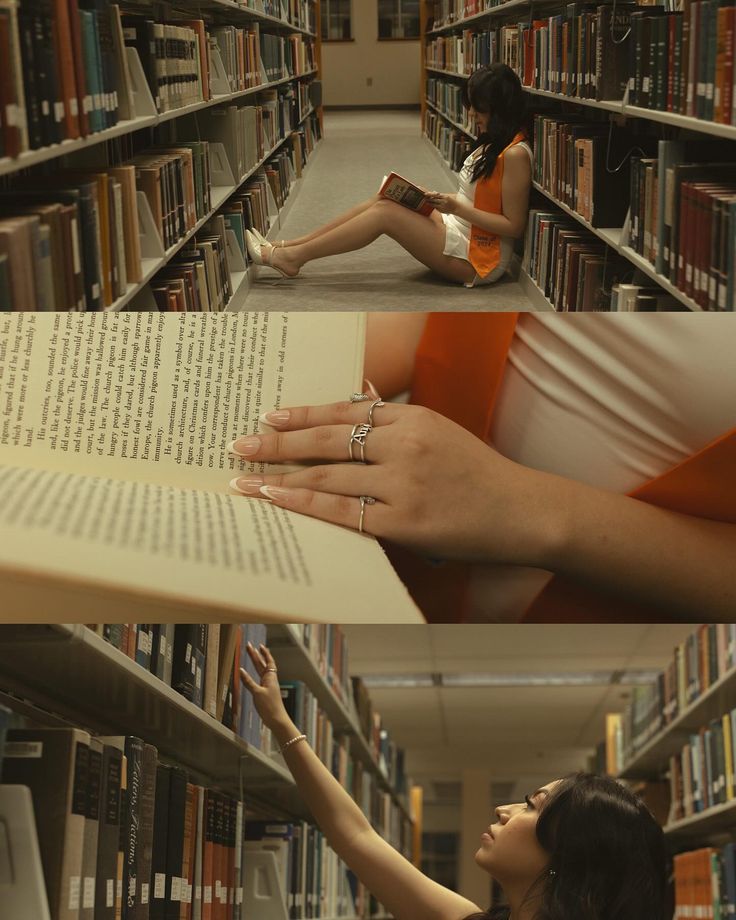 a woman sitting on the floor reading a book in a library with her legs crossed