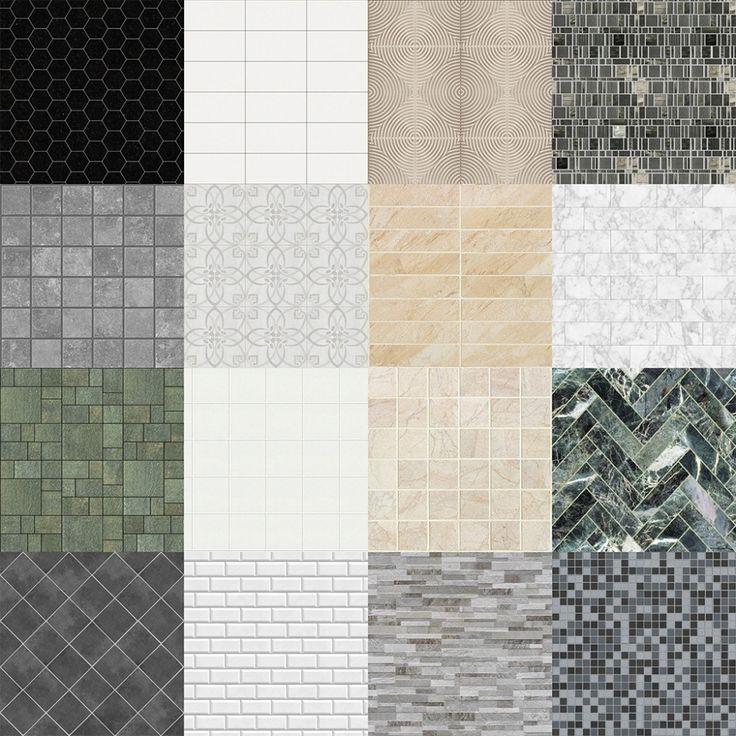 four different tiles are shown together in the same color and pattern as well as black, white, gray, green