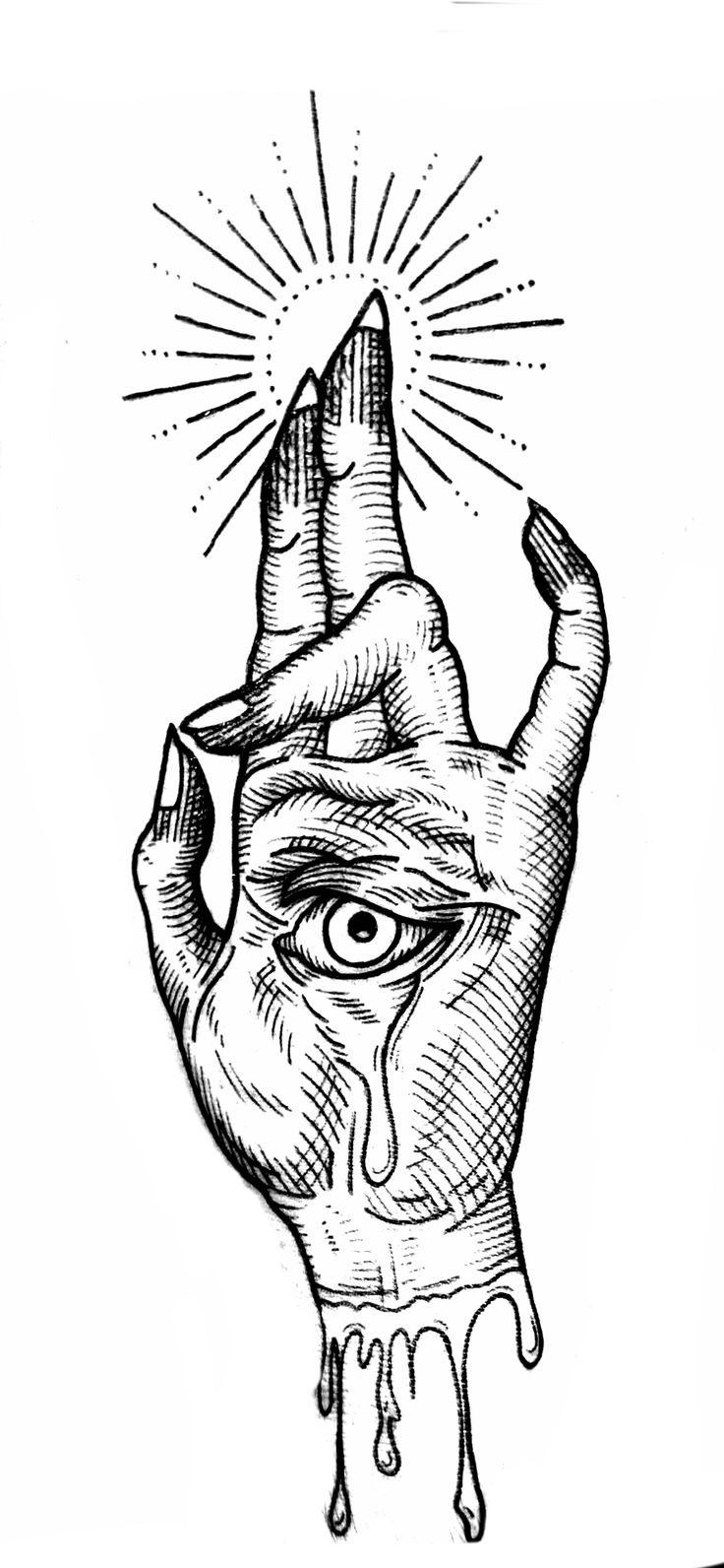 a drawing of a hand with an evil eye on it's palm and dripping liquid