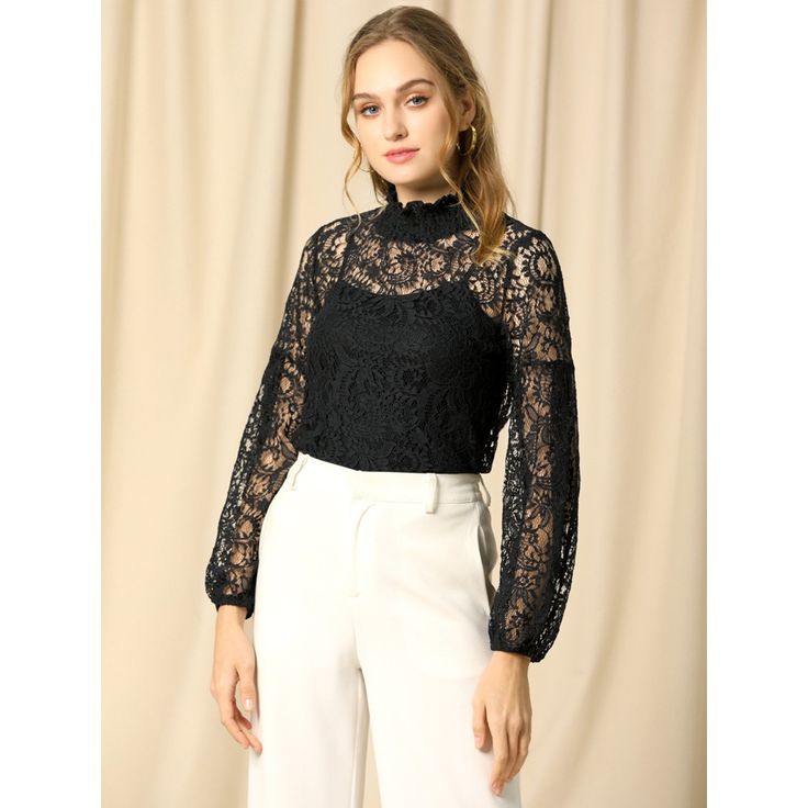 Crafted with vintage white lace, this sweet blouse infuses the ensemble with dainty femininity. This full-sleeve shirt is completed with gorgeous lace and elastic cuffs to finish your romantic and elegant look. The cute top is a timeless addition to your wardrobe. Suitable for Formal, Work, Office, Casual, Date, Night Club, Party, Shopping, Gathering, etc. Perfectly match high heels and a clutch bag for a vintage image and retro style. Elegant Long Sleeve Lace Top With Patchwork, Elegant Long Sleeve Lace Patchwork Top, Elegant Delicate Lace Top For Fall, Elegant Lace Patchwork Top For Fall, Elegant Fall Lace Patchwork Top, Chic Long Sleeve Delicate Lace Top, Feminine Delicate Lace Top For Fall, Delicate Lace Long Sleeve Top, Feminine Long Sleeve Lace Top With Lace Cuffs