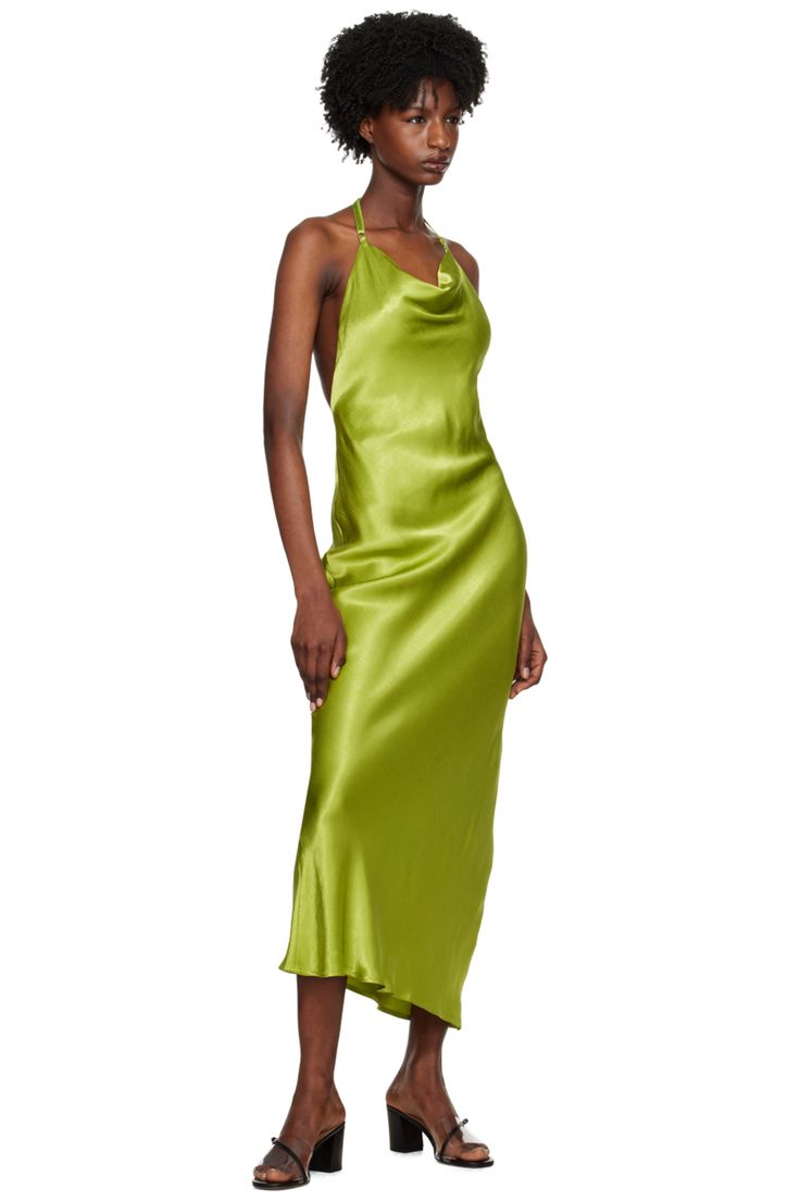 BEC + BRIDGE: Green Odessa Maxi Dress | SSENSE Green Midi Dress With Bias Cut For Night Out, Green Bias Cut Midi Dress For Night Out, Chic Green Backless Midi Dress, Green Silk Evening Slip Dress, Green Silk Slip Dress For Evening, Spring Satin Backless Halter Dress, Spring Backless Satin Halter Dress, Halter Neck Bias Cut Midi Dress For Date Night, Green Bias Cut Dress For Date Night