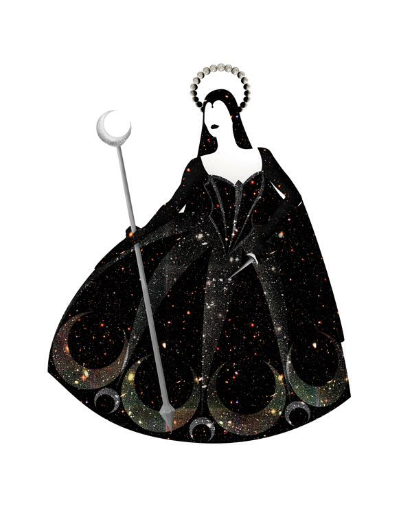 an illustration of a woman in black dress holding a sceptacle and wearing a hat with stars on it