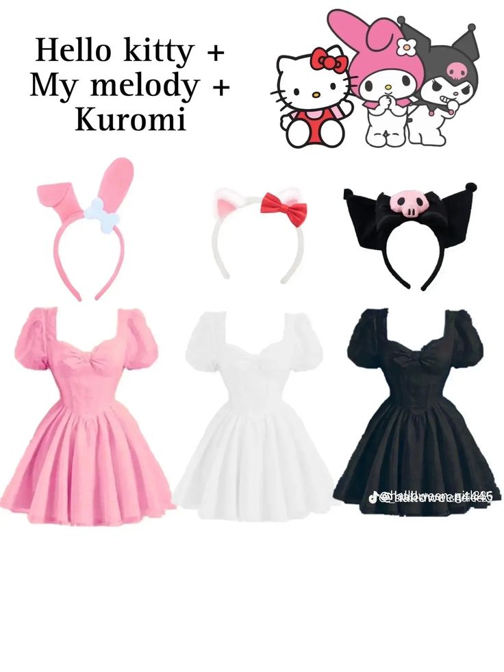 hello kitty, my melody and kuromi costumes are shown in three different colors