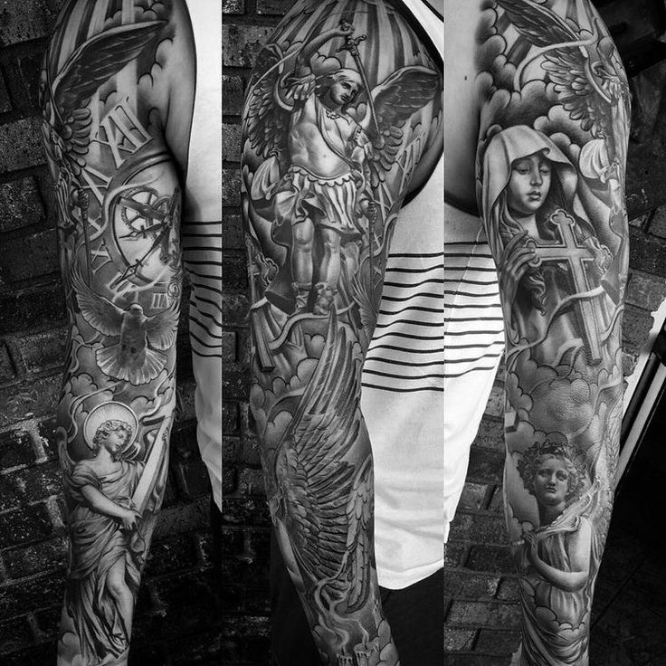 a man's full sleeve with many different tattoos on his arm and shoulder,